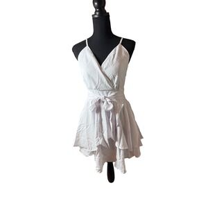 White Wrap Mini Dress Crisscross Back Tie‎ Waist Ruffled Skirt